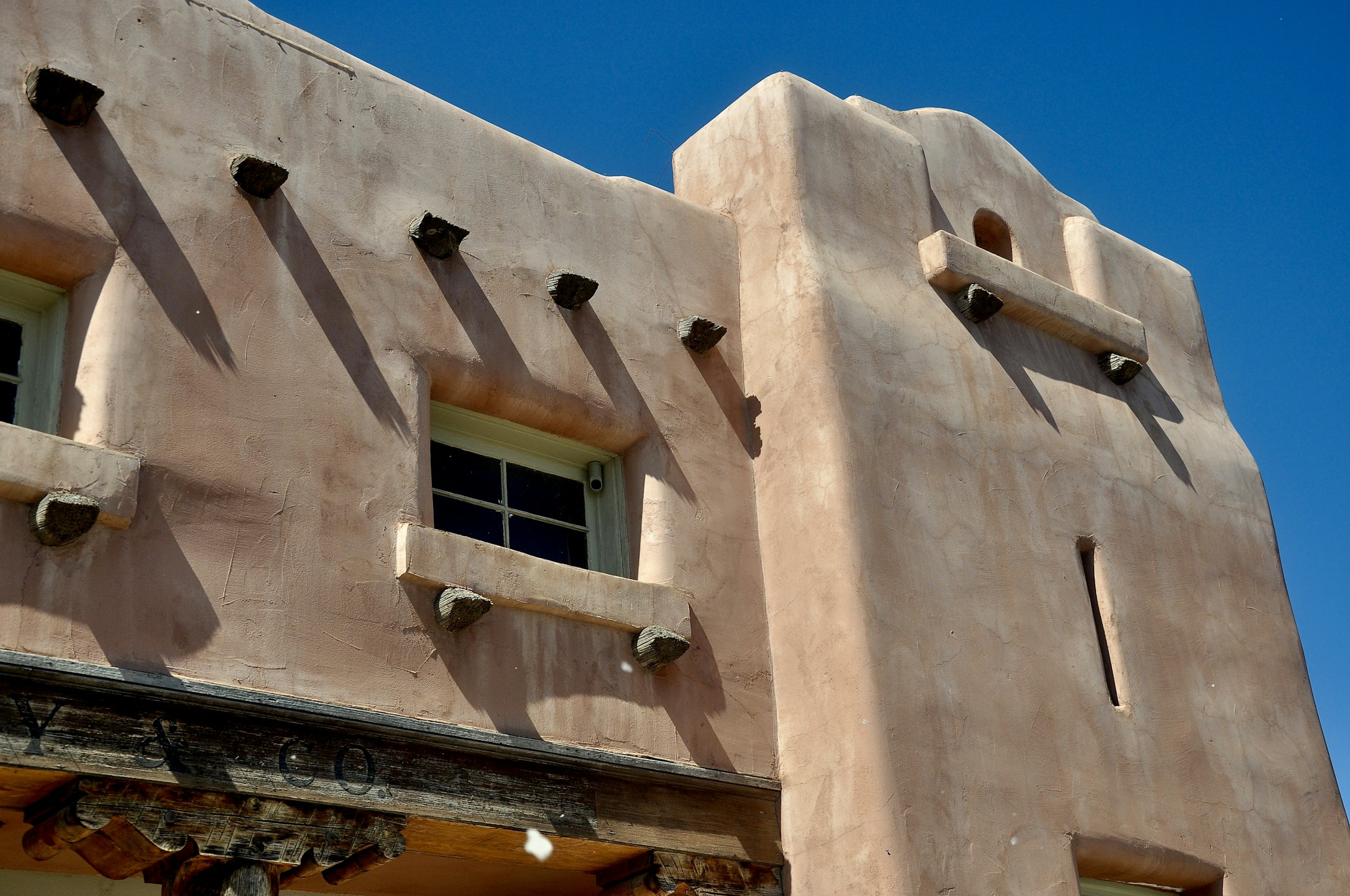 Santa Fe adobe architecture in warm sunlight
